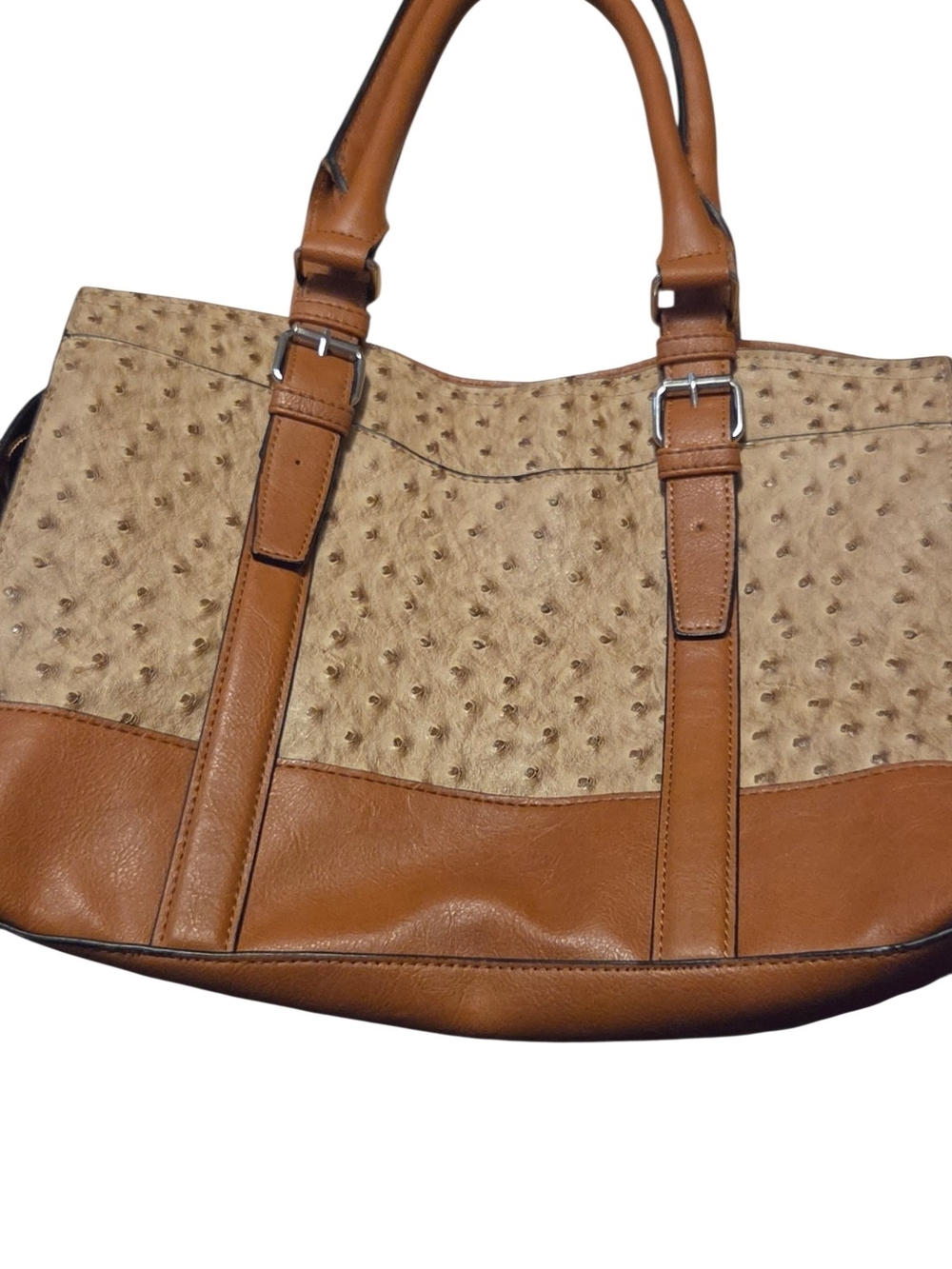 Women’s Tan Faux Ostrich-Texture Tote with Smooth Leather Trim